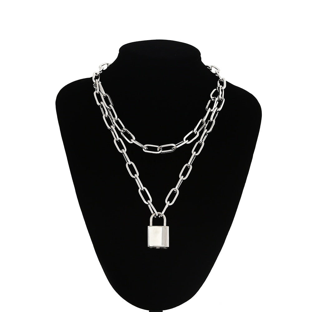 Black Padlock Chain Necklace Key Metal Link Unisex Men Women Necklace