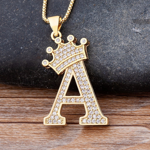 A-Z Crown Alphabet Pendant Chain Necklace