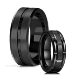 Black Tungsten Wedding Rings Double Groove Beveled Edge Brick Pattern