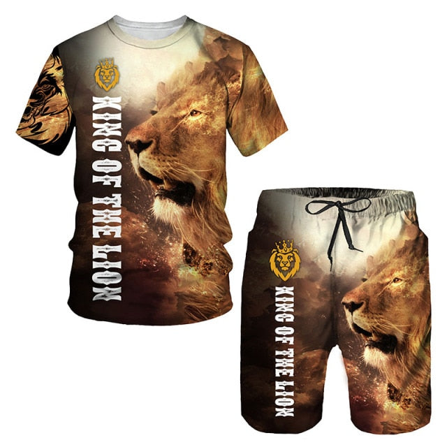 Plus Size Men's Fierce Lion Digital Print Crew Neck Shirt Shorts Set For  Summer - Temu