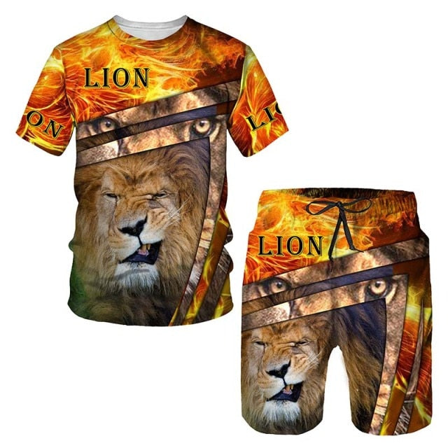 Plus Size Men's Fierce Lion Digital Print Crew Neck Shirt Shorts Set For  Summer - Temu